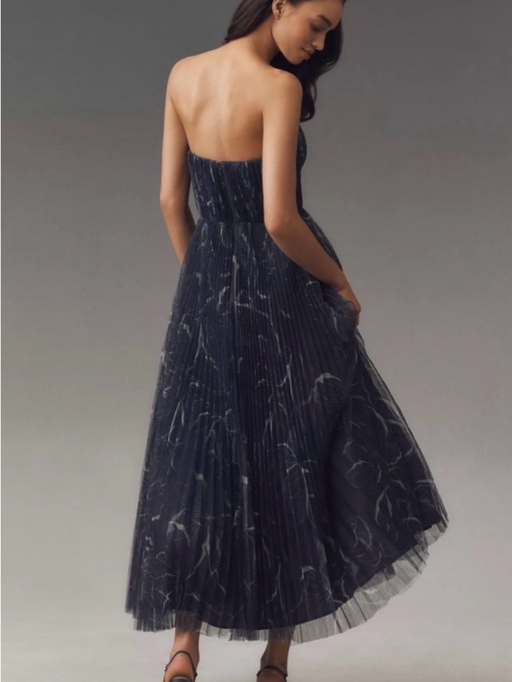 Hutch Anthropologie Strapless Navy Marble-Print Pleated Midi Dress - Picture 2 of 8